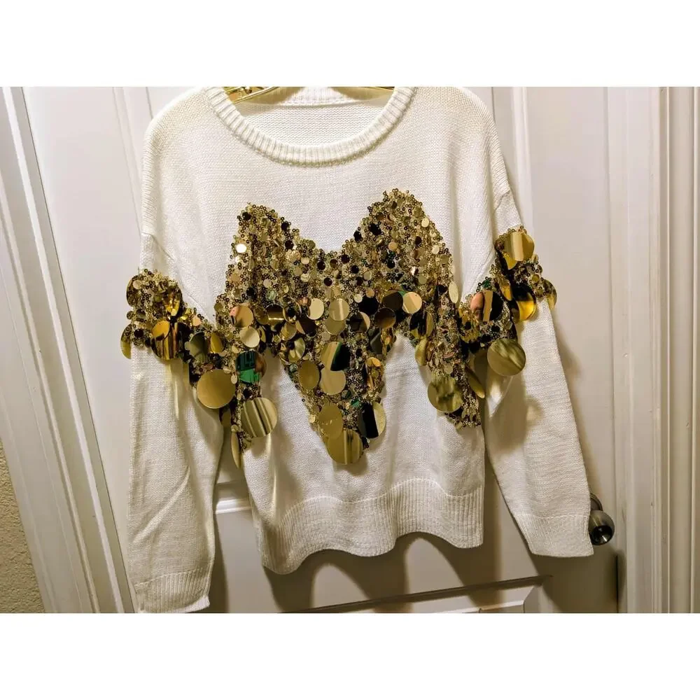 Women's L Luxurious Stylish White Gold Sequin Detailed Long Sleeve Sweater Top
